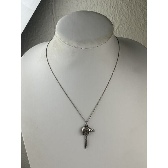 Sterling Silver Box Chain 18" Necklace Southwest Style Bear Feather Pendant - Picture 9 of 11
